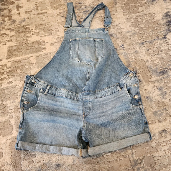 H&M Maternity Denim Overall Shorts Shortalls Women's size XXL Medium Wash - Picture 3 of 16